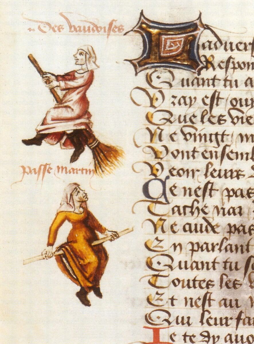 Illumination depicting the two witches on a broomstick and a stick, in Martin Le Franc&#x27;s Le Champion des dames (&quot;Ladies&#x27; Champion&quot;), 1451. Image via Wikimedia Commons.