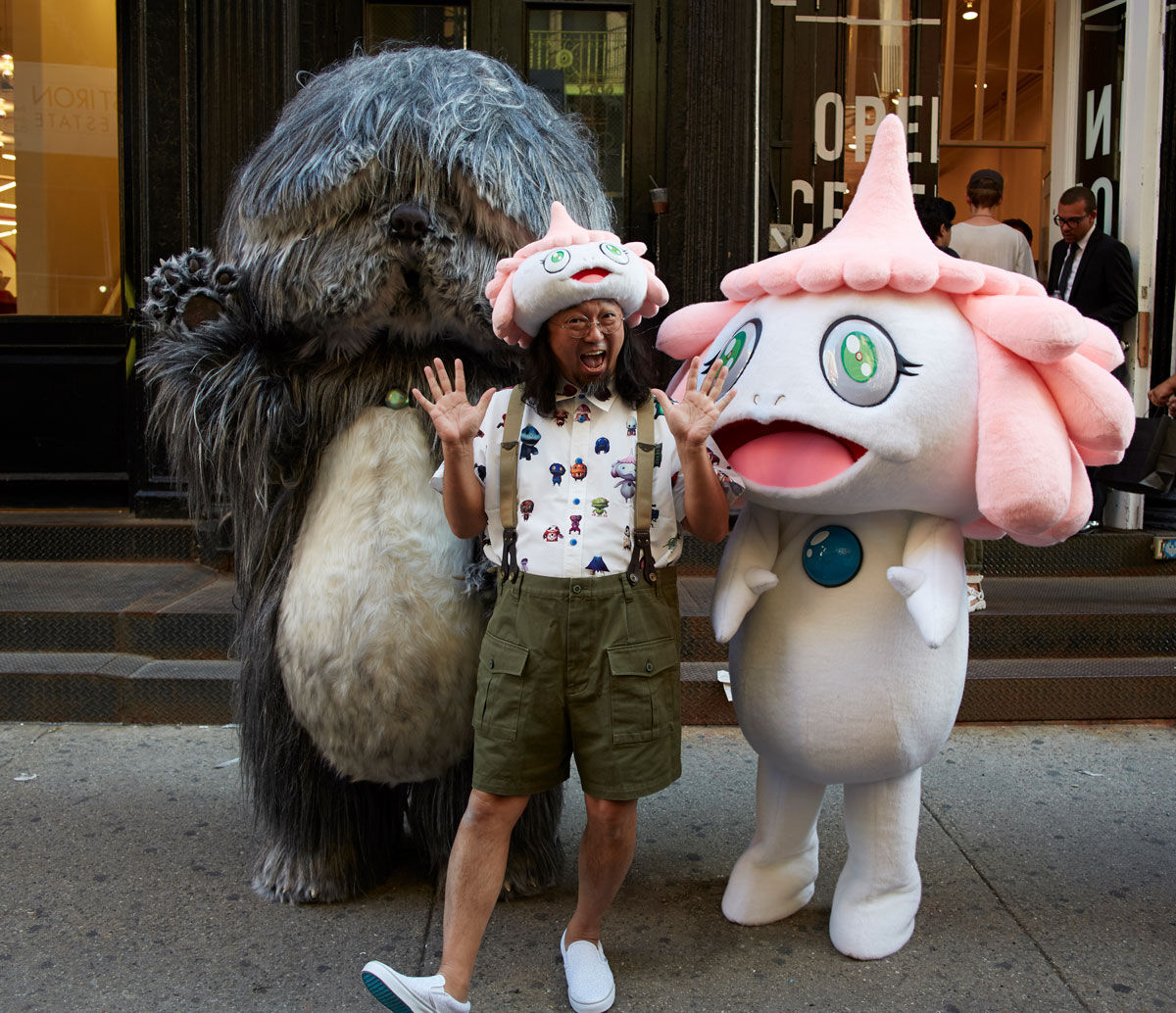 Takashi Murakami with charcters from his film Jellyfish Eyes at the IFC Center, New York, 2015. Courtesy of Janus Films and Gagosian.