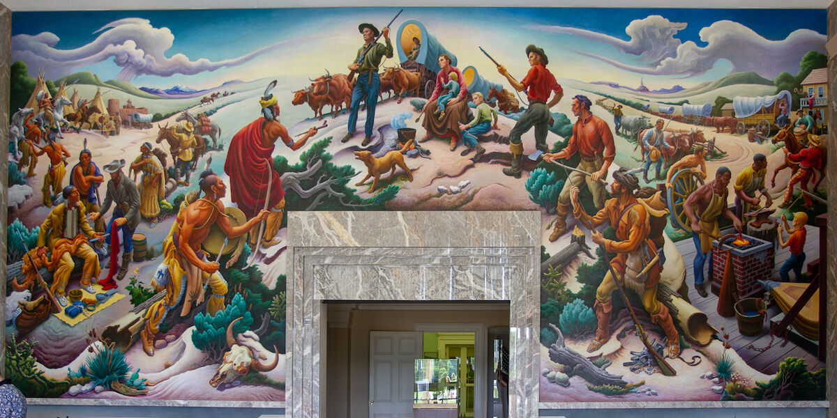 The Thomas Hart Benton mural Independence and the Opening of the West (1961) at the Harry S. Truman Library and Museum in Independence, Missouri. Photo by Arthur T. LaBar, via Flickr.