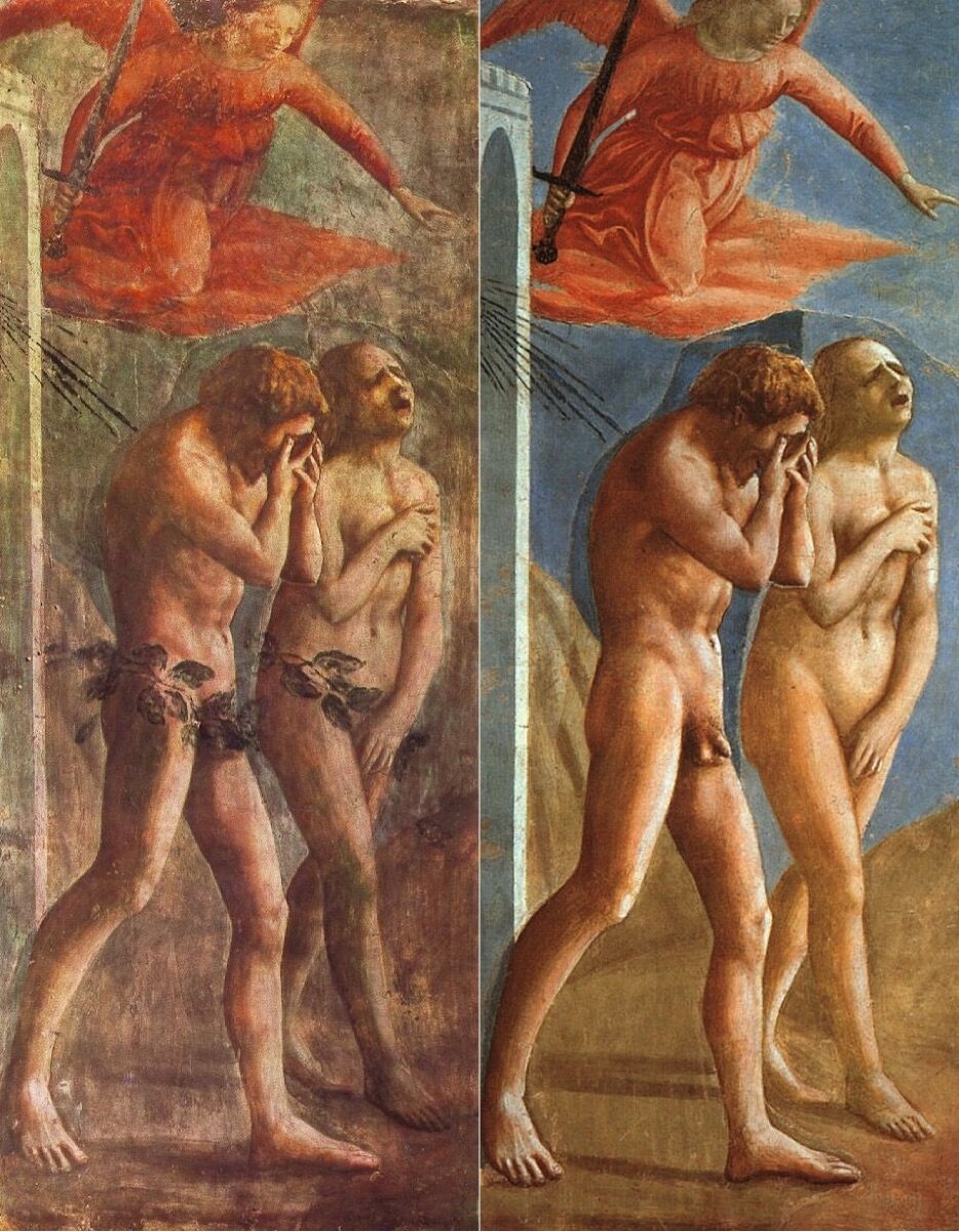 Masaccio, The Expulsion of Adam and Eve from the Brancacci Chapel. Fresco before and after its restoration. Photo via Wikimedia Commons. 