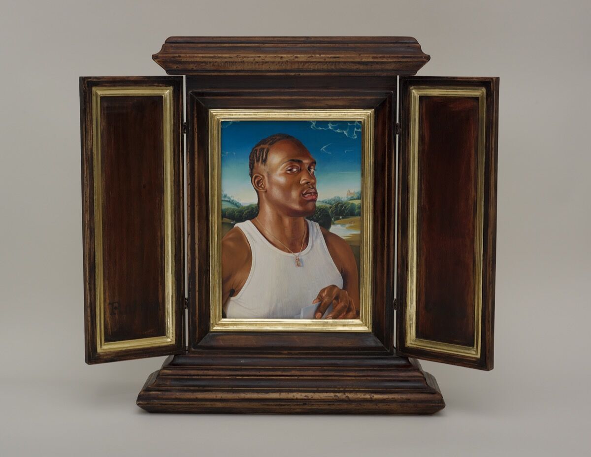 Kehinde Wiley, After Memling’s Portrait of a Man with a Letter, 2013. © Kehinde Wiley. Courtesy of the artist; and Roberts Projects, Los Angeles; and Memorial Art Gallery, Rochester, New York.