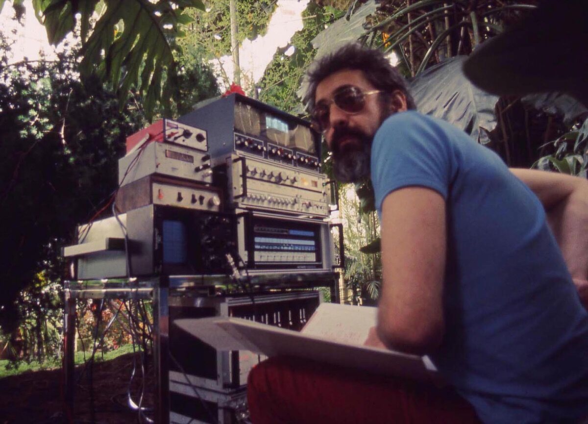 John Lifton with his rack of plant sensing, signal processing, and music synthesis systems in the Plant Conservatory in Golden Gate Park. © Richard Lowenberg. Courtesy of the artist.