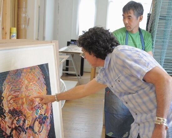 Printers Karl Hecksher and Yasu Shibata at the Pace Editions workshop in Manhattan. Courtesy of Pace Prints.