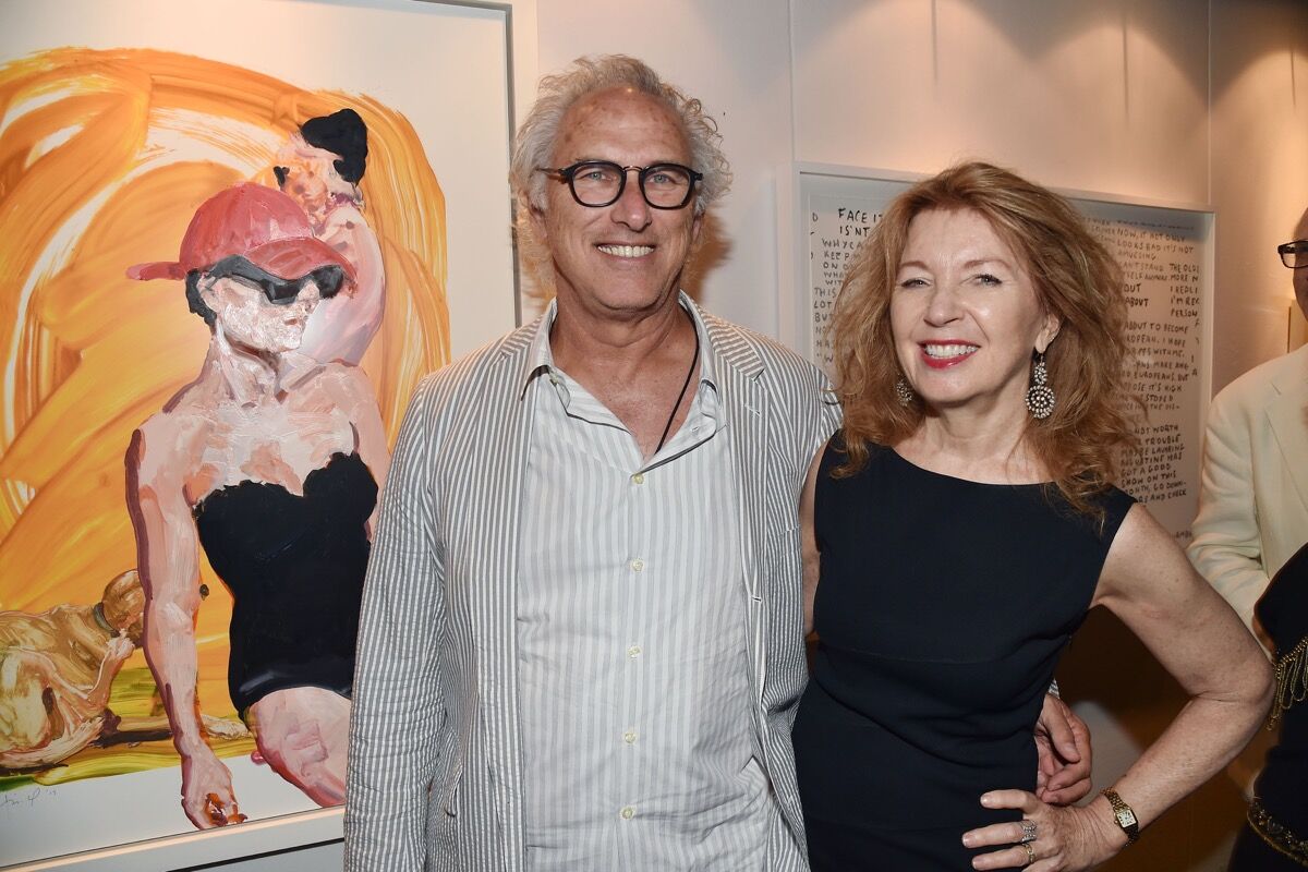Eric Fischl and April Gornik attend the Guild Hall 2017 Summer Gala Celebrating “Avedon&#x27;s America” at Guild Hall on August 11, 2017 in East Hampton, New York. Photo by Patrick McMullan/Patrick McMullan via Getty Images.