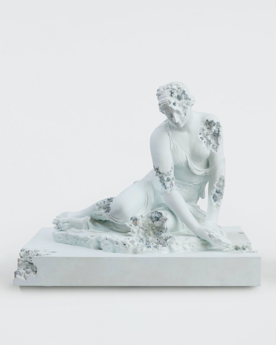 Daniel Arsham, Blue Calcite Eroded Nymph with a Shell, 2020. Photo by Claire Dorn. Courtesy of the artist and Perrotin.    
