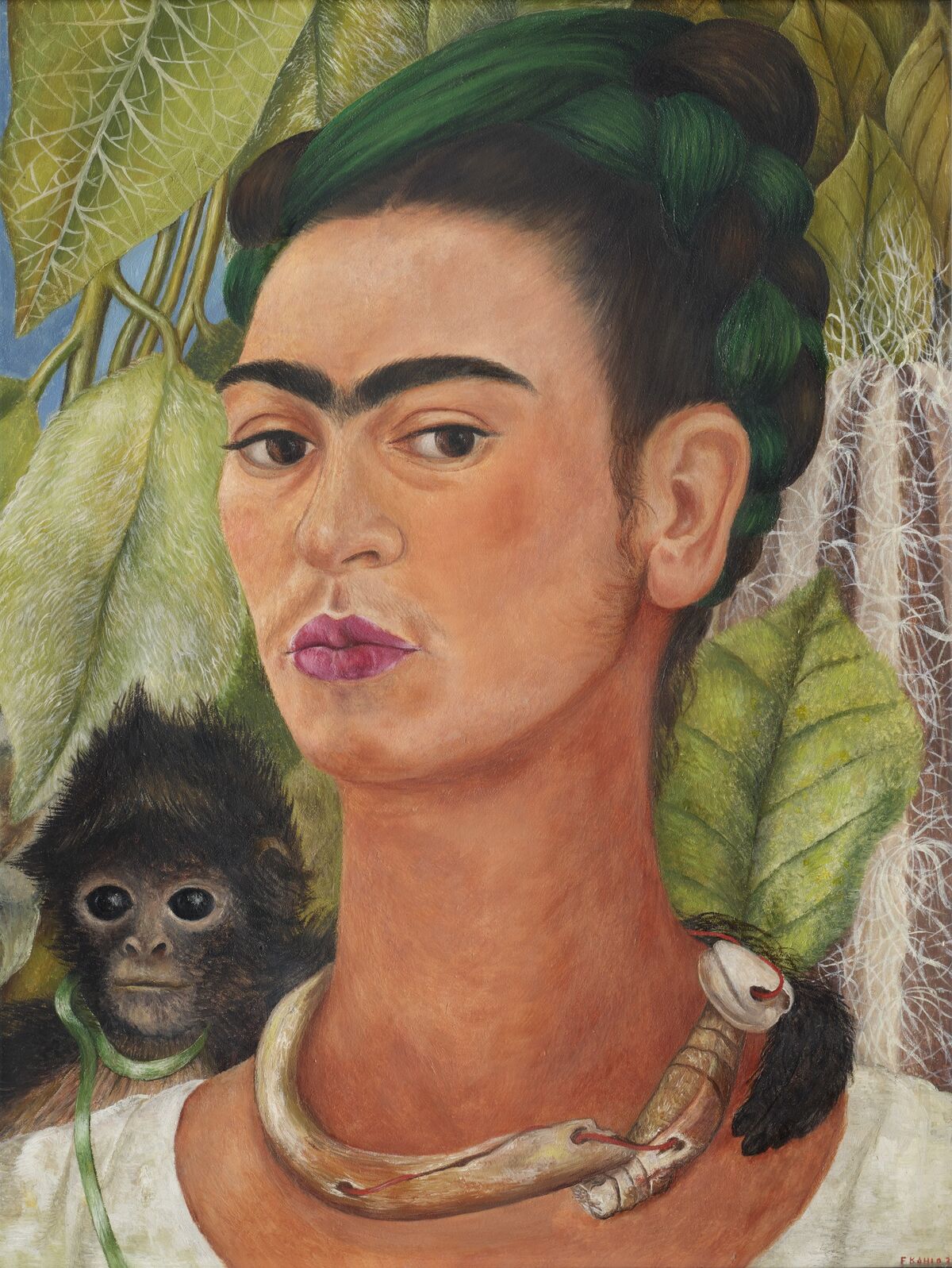 Frida Kahlo, Self-Portrait with Monkey, 1938. © Banco de Mexico Diego Rivera Frida Kahlo Museums Trust, Mexico, D.F. / Artists Rights Society (ARS), New York. Courtesy of Albright-Knox Art Gallery.