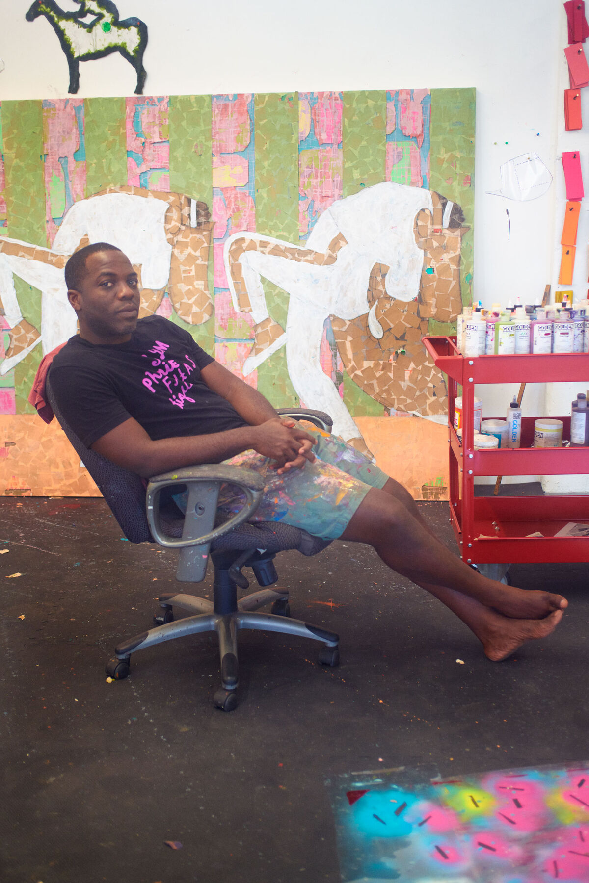 Derek Fordjour in his New York studio by Alex John Beck for Artsy.