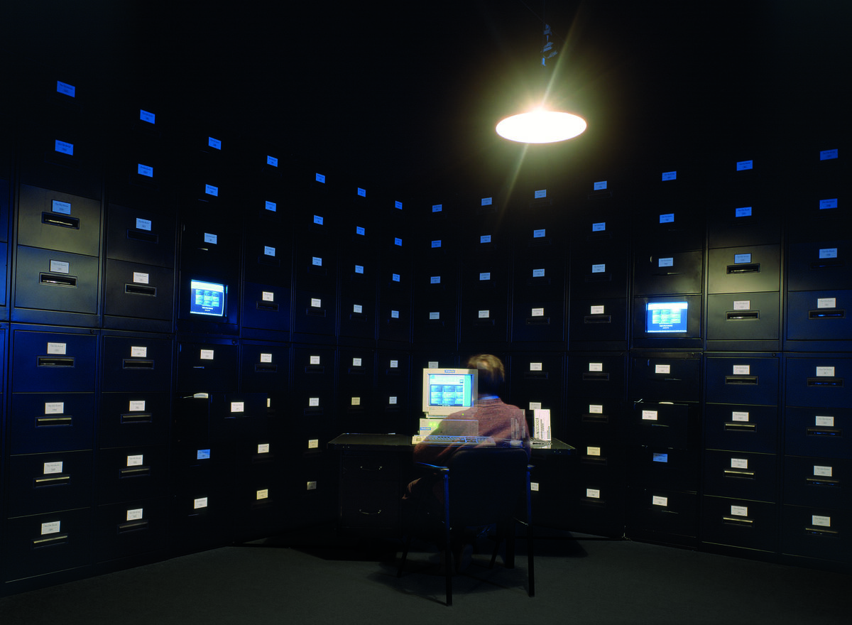 Installation view of Antoni Muntadas, The File Room, 1994, at the Chicago Cultural Center, 1994. © Muntadas. Courtesy of the New Museum.