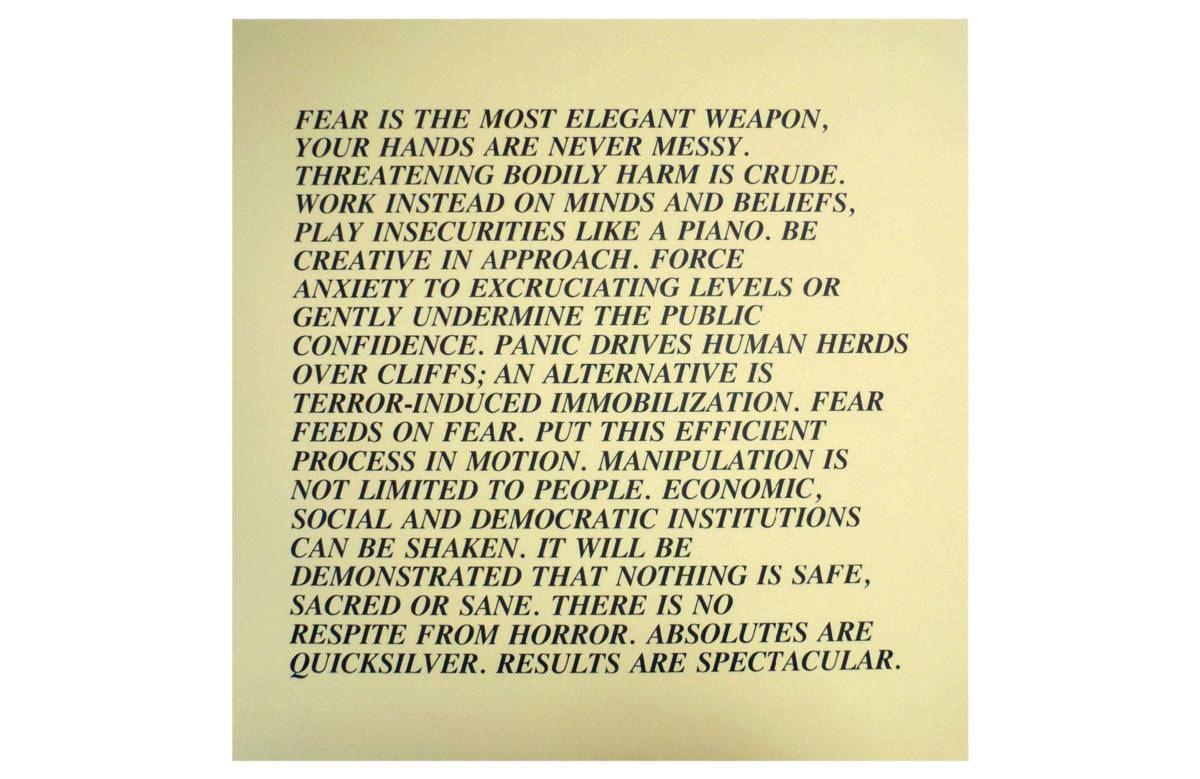 Jenny Holzer, Inflammatory Essays I (detail), 1982.  © Jenny Holzer / Artists Rights Society (ARS), New York. Courtesy of Carolina Nitsch Contemporary Art.