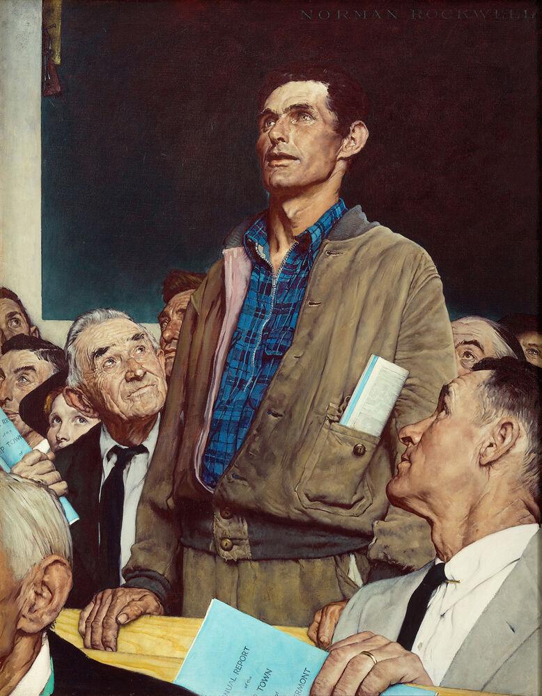 Norman Rockwell, Freedom of Speech, from the “Four Freedoms” series, 1943. Story illustration for The Saturday Evening Post, February 20, 1943. © SEPS: Curtis Licensing, Indianapolis, IN. Courtesy of the Norman Rockwell Museum and the New York Historical Society Museum &amp; Library.