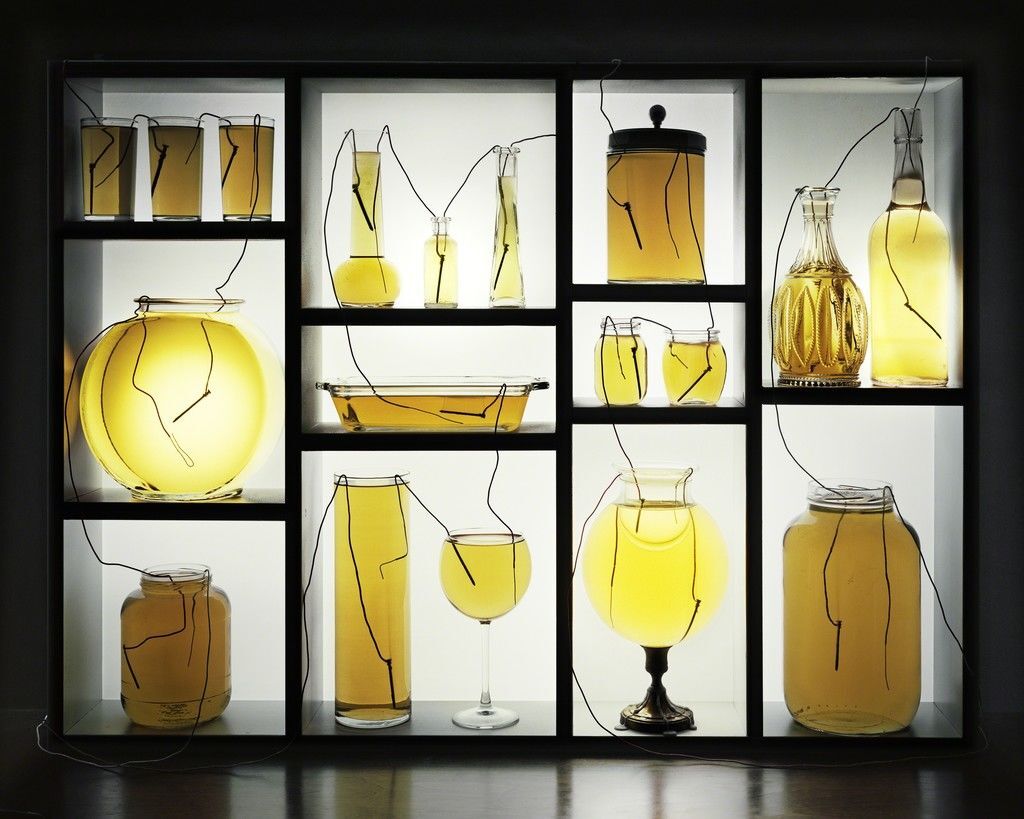Caleb Charland, Vinegar Batteries with Glassware and Shelf, 2013. Courtesy of East Wing 