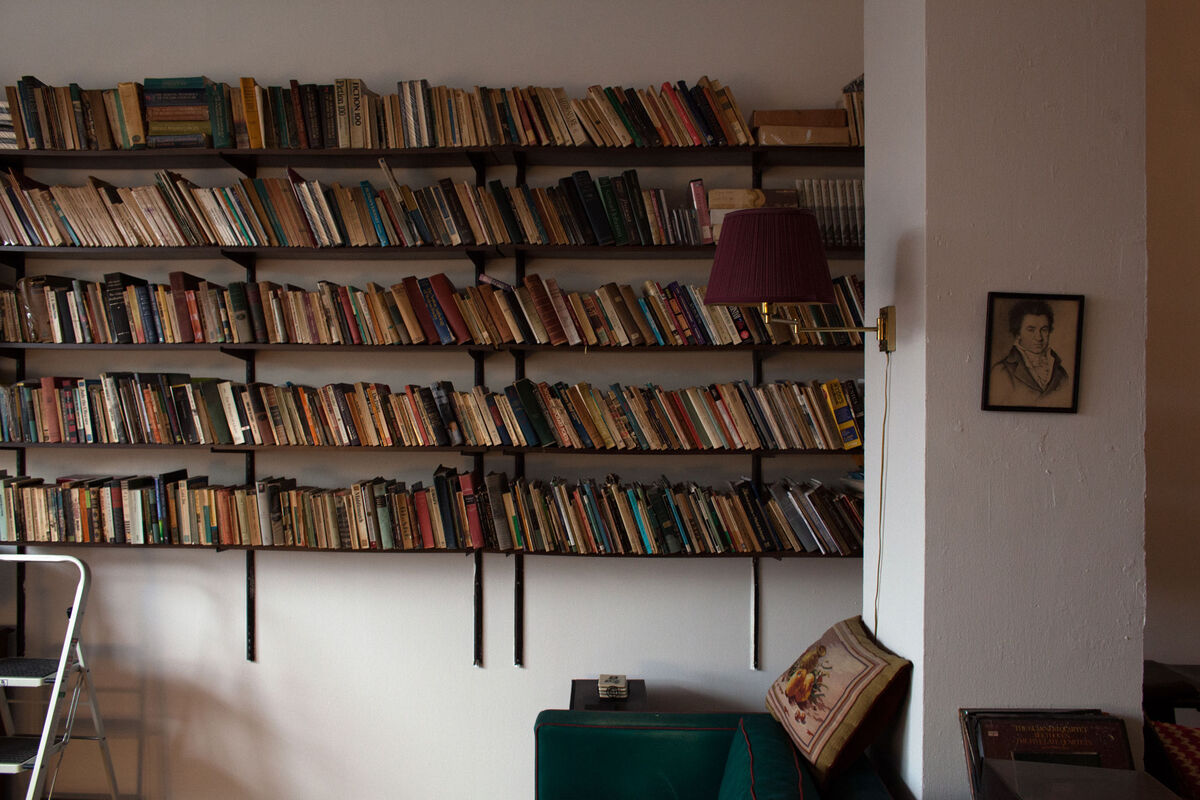 Octogenarian actress-turned-writer Carol Hebald’s extensive book collection bounds her living room, which is also her office. She’s lived at Westbeth since 1991, and has published a memoir, a novella collection, a novel, and four books of poetry. Photo by Frankie Alduino.
