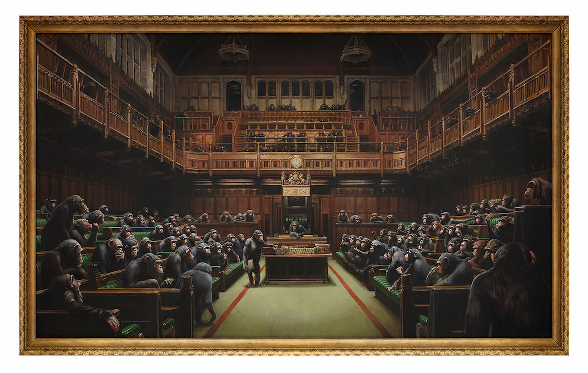 Banksy, Devolved Parliament, 2009. Est. £1.5 million–£2 million ($1.9 million–$2.5 million). Courtesy Sotheby’s.