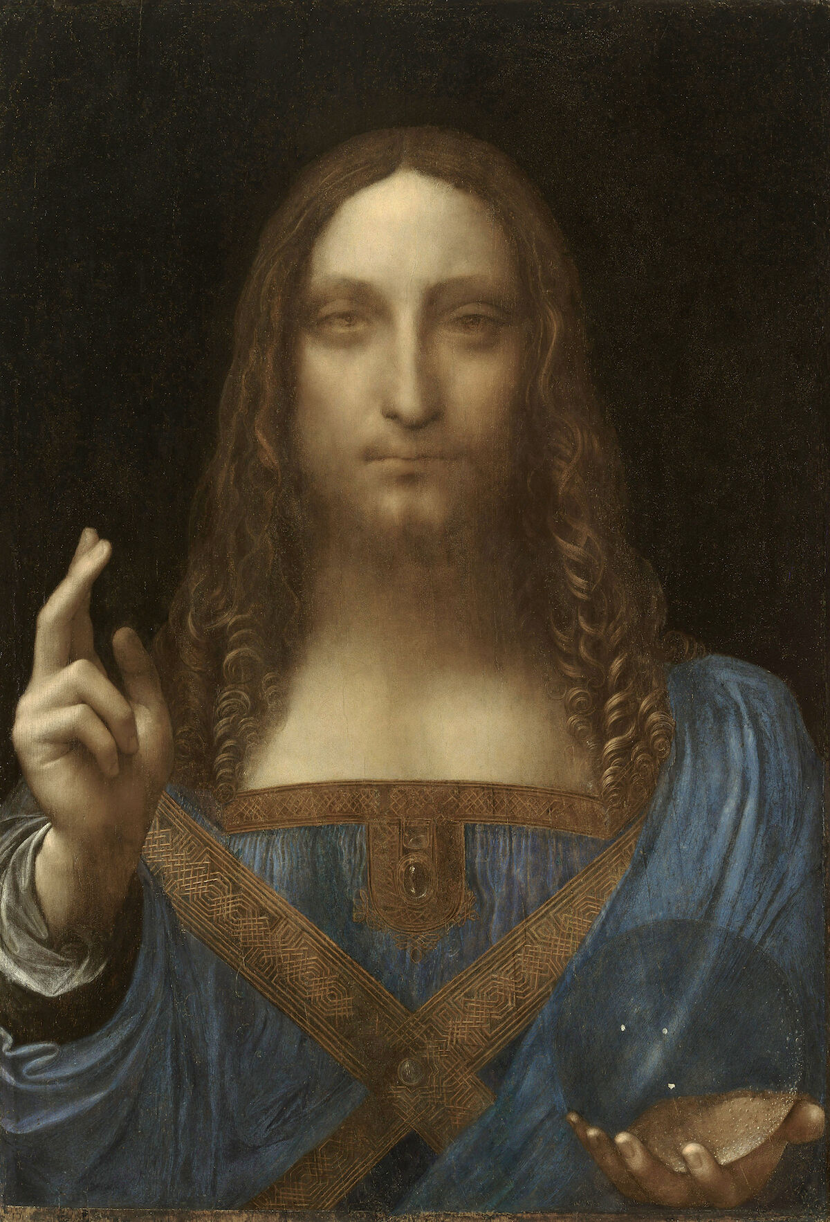 Painting attributed to Leonardo da Vinci, Salvator Mundi, circa 1500. Courtesy Abu Dhabi Tourism &amp; Culture Authority, via Wikimedia Commons. 