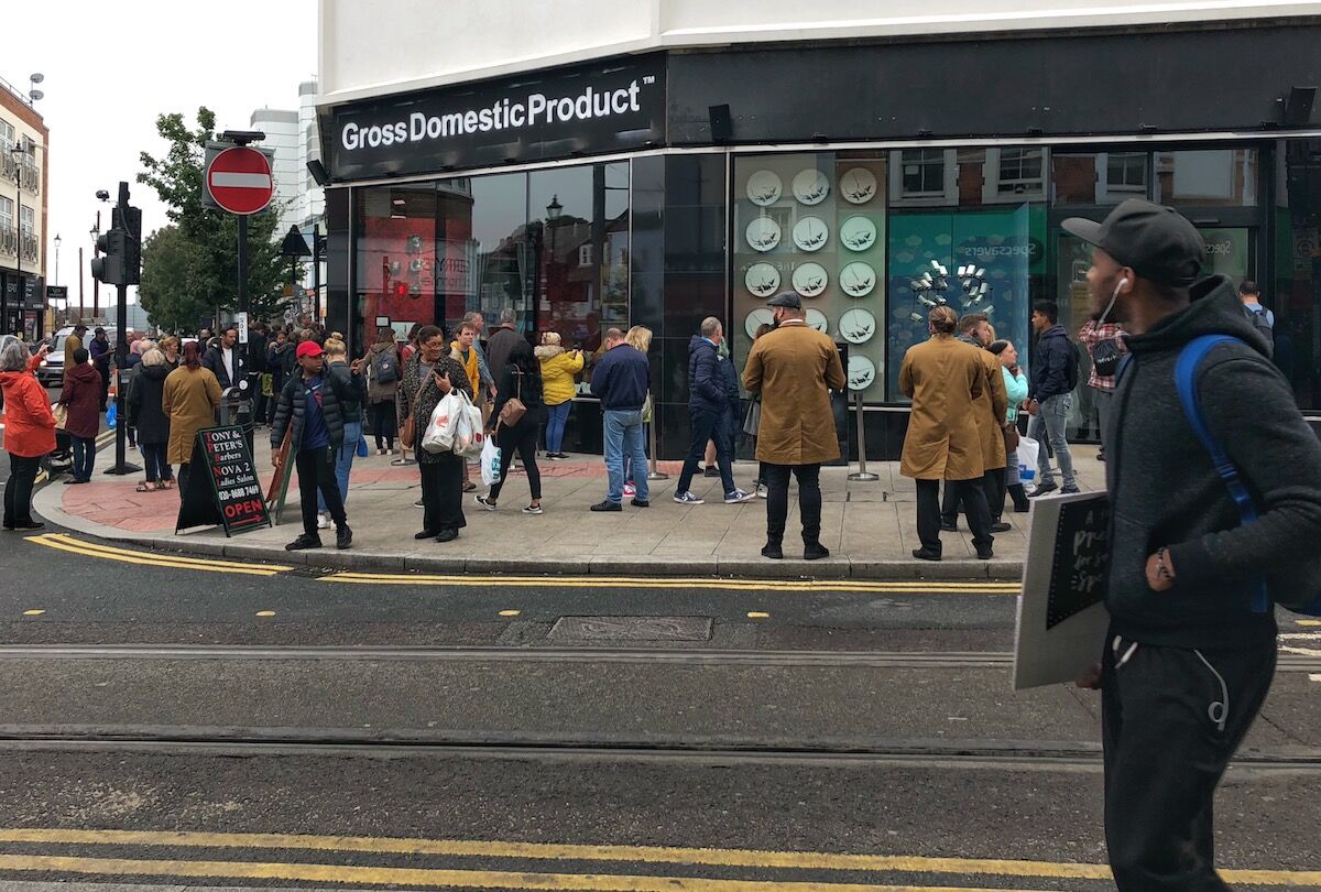 Banksy’s pop-up Gross Domestic Product storefront in London earlier this month. Photo by Steve Nimmons, via Flickr.