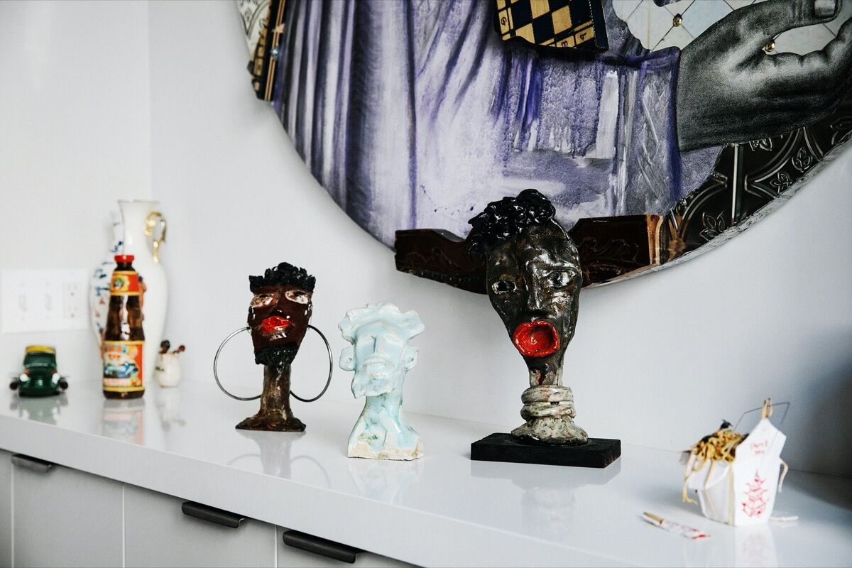 Installation view, from left to right, of sculptures by Christopher Myers, Stephanie H. Shih, Leilah Baibyre, Jen Catron, and Paul Outlaw. Photo by Laurel Golio for Artsy.