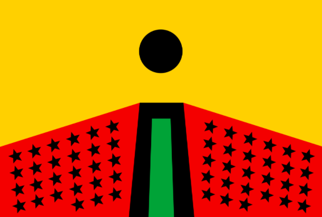 Larry Achiampong, PAN AFRICAN FLAG FOR THE RELIC TRAVELLERS ALLIANCE, 2017. Courtesy the artist