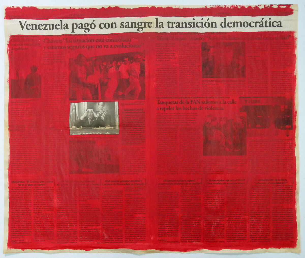 Marco Montiel-Soto, Serie La verdad no es noticia, 2016. Acrylic on newspaper. 57.5 x 68.5 cm. Courtesy of Gallery Carmen Araujo Arte.