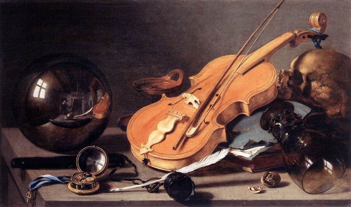 Pieter Claesz, Still Life with Violin and Glass Ball, 1628. Image via Wikimedia Commons.