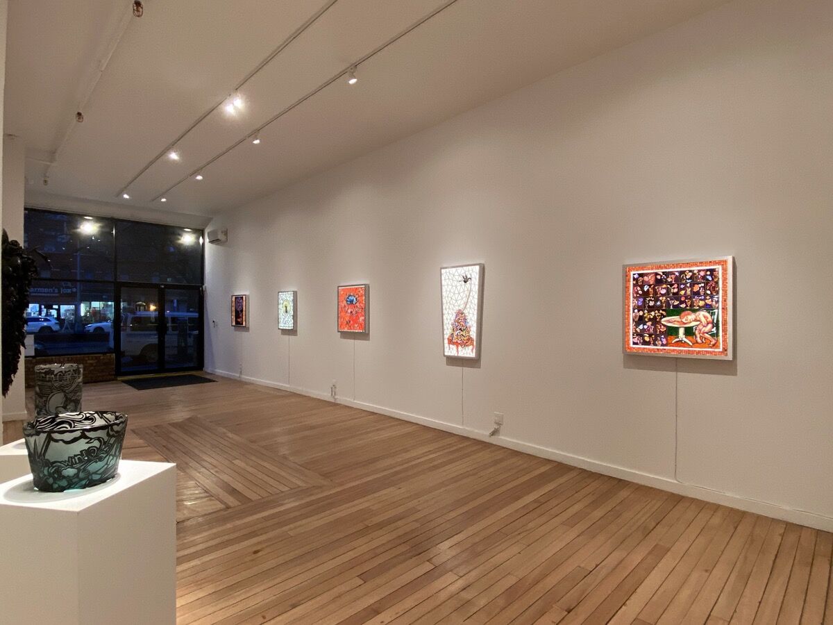 Installation view of Judith Schaechter, “Almost Better Angels,” at Clair Oliver Gallery, 2020. Courtesy fo Claire Oliver Gallery.