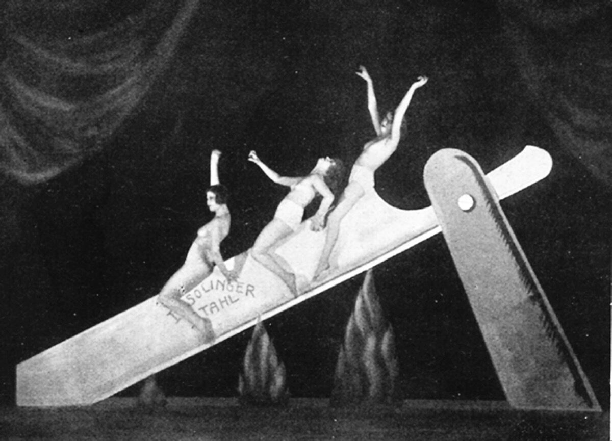 Unknown photographer, “Slide on the Razor” performance as part of the Haller Revue Under and Over, Berlin, 1923. Courtesy of Feral House. 