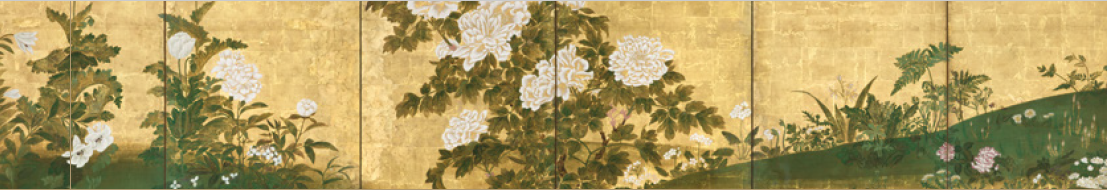 Pair of Six-Panel Folding Screens, ‘Flowers of the Four Seasons’. IMAGE COURTESY OF ERIK THOMSEN GALLERY.