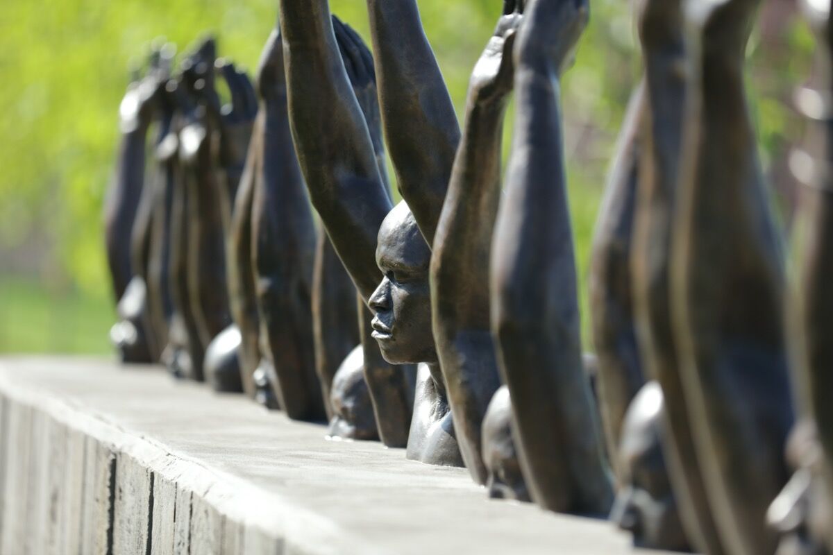 Hank Willis Thomas, installation view of Raise Up, 2016, at the National Memorial for Peace and Justice. Courtesy of Equal Justice Initiative ∕ Human Pictures.