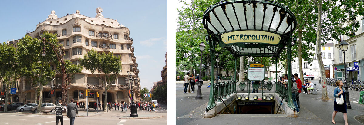 Left: Antoni Gaudí, Casa Mila. Photo by deming131, via Flickr; Right: Hector Guimard, Style Metro. Photo by zoetnet, via Flickr.