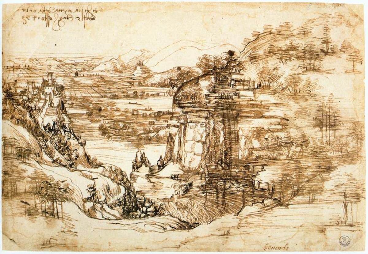 Leonardo da Vinci, Landscape drawing for Santa Maria della Neve on 5th August 1473, 1473. Via Wikimedia Commons.