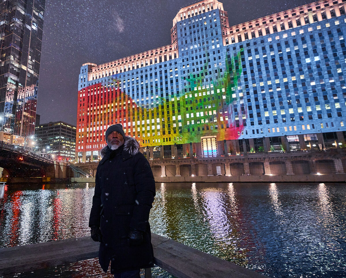 Nick Cave with his Art on theMART Projection. Courtesy of Art on theMART.