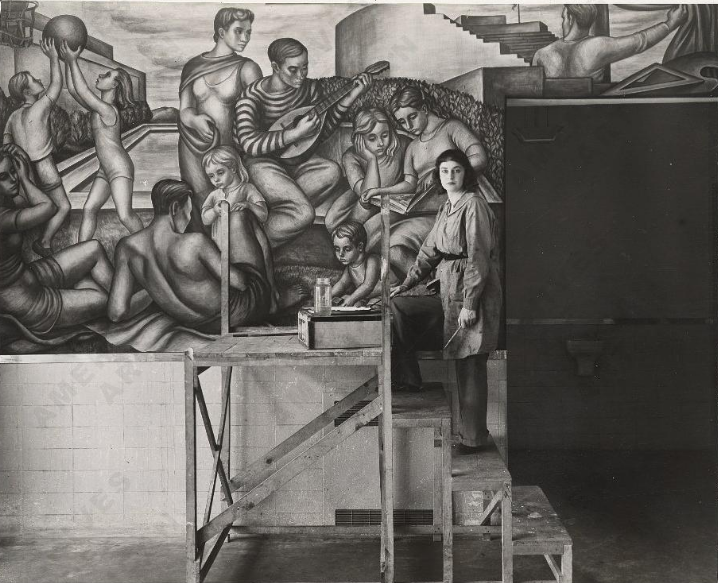 Marion Greenwood with a mural she created for the WPA.&nbsp;Image via&nbsp;Federal Art Project, Photographic Division,&nbsp;Smithsonian National Archives of American Art.