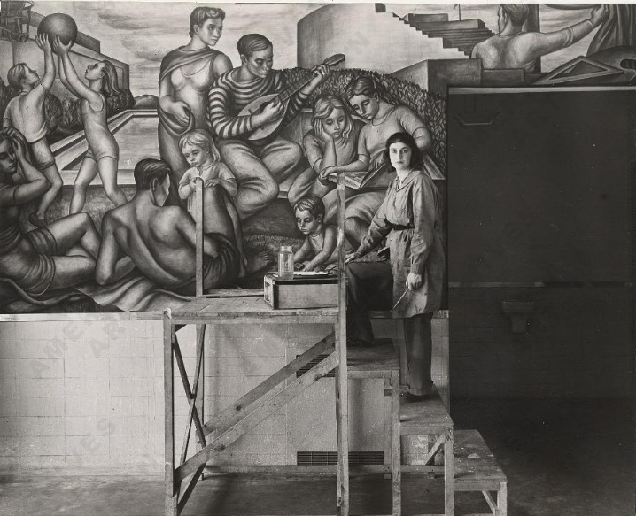 Marion Greenwood with a mural she created for the WPA. Image via Federal Art Project, Photographic Division, Smithsonian National Archives of American Art.