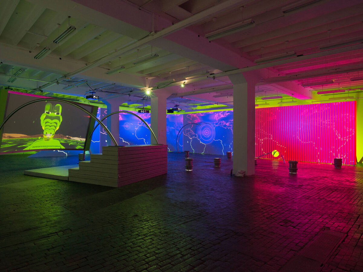 Installation view of Meriem Bennani, “Party on the CAPS,” at the Centre d’Art Contemporain, 2018. Courtesy of the artist and Clearing.