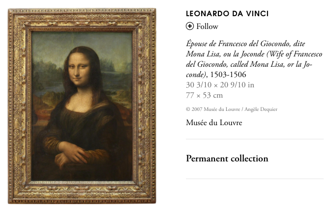 Screen capture of the Mona Lisa’s page on Artsy.net. Image © 2007 Musée du Louvre / Angèle Dequier