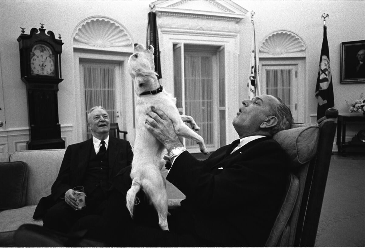 President Lyndon B. Johnson sings with Yuki as Ambassador David Bruce looks on, 1968. Photo by Yoichi Okamoto. Courtesy of the White House Photo Office.