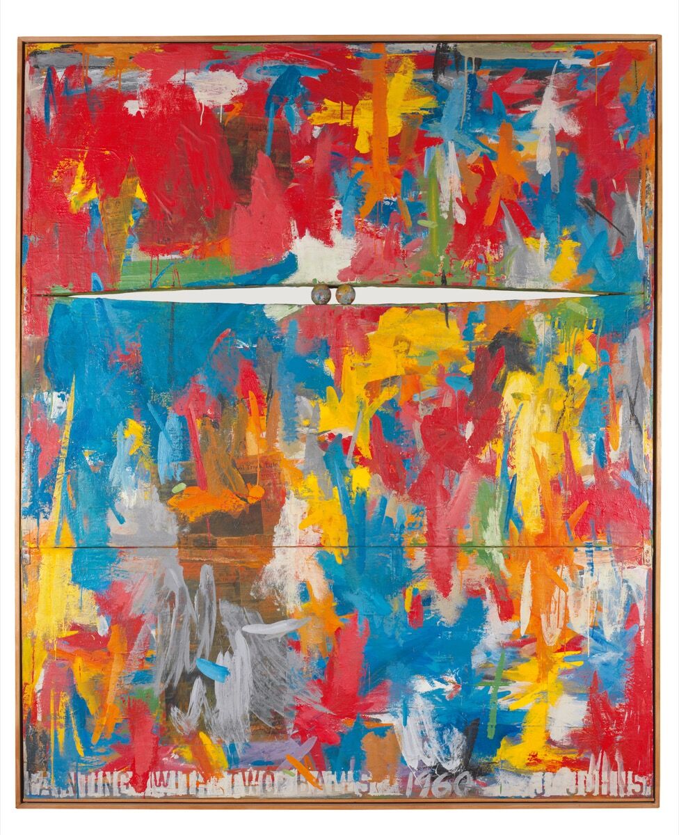 Jasper Johns, Painting with Two Balls, 1960. © Jasper Johns / Licensed by VAGA at Artists Rights Society (ARS), New York.