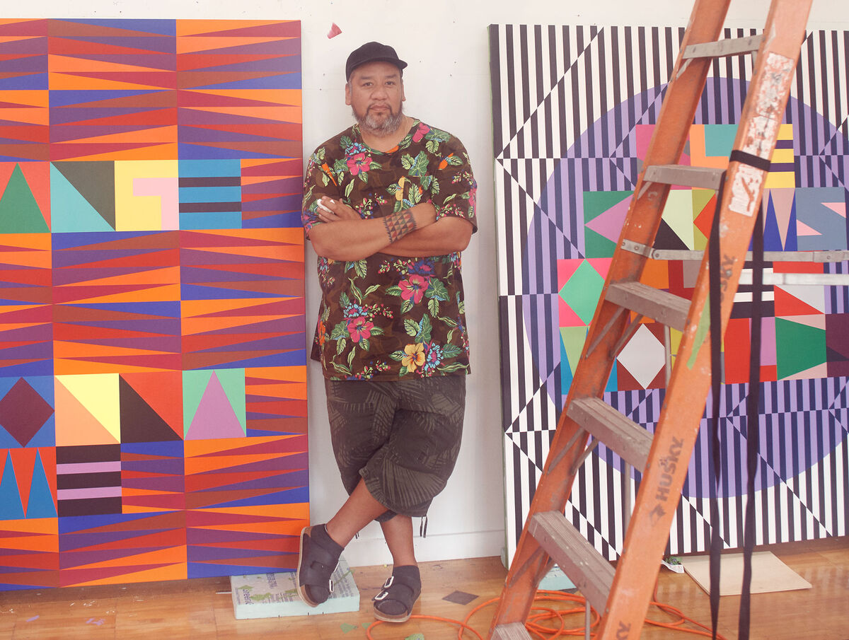 Jeffrey Gibson in his Hudson, New York studio by Alex John Beck for Artsy.