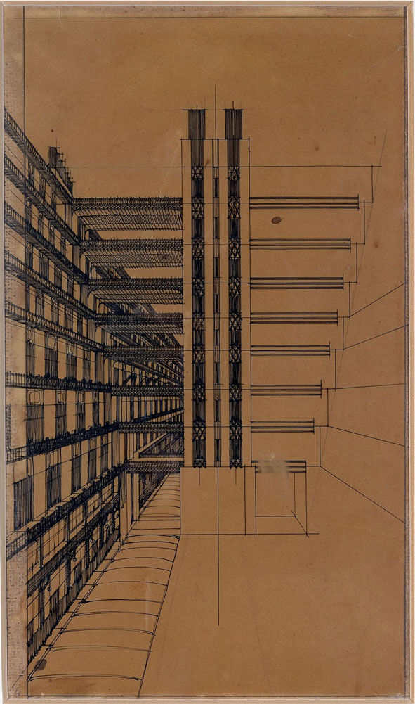 Antonio Sant’Elia, Via secondaria per pedoni con ascensori nel mezzo, 1914. Image via Wikimedia Commons.