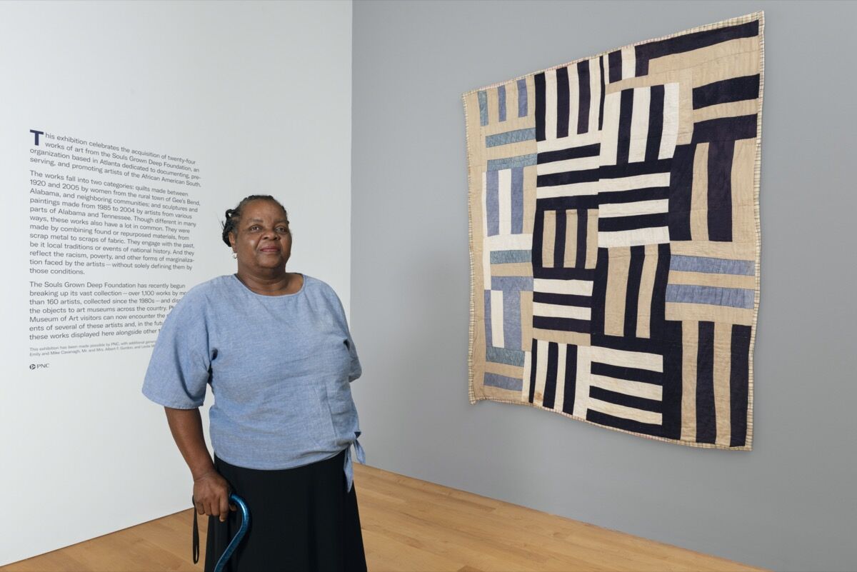 Gee’s Bend quilter Mary Margaret Pettway in the exhibition “Souls Grown Deep: Artists of the African American South” at the Philadelphia Museum of Art, 2019. Photo by Juan Arce. Courtesy of the Philadelphia Museum of Art.