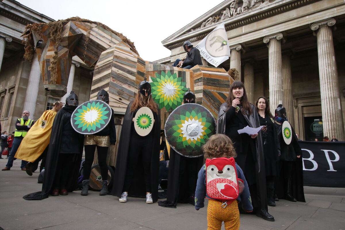 The BP Must Fall protest organized by BP or Not BP? at the British Museum on February 8, 2020. Photo by Steve Eason, via Flickr.