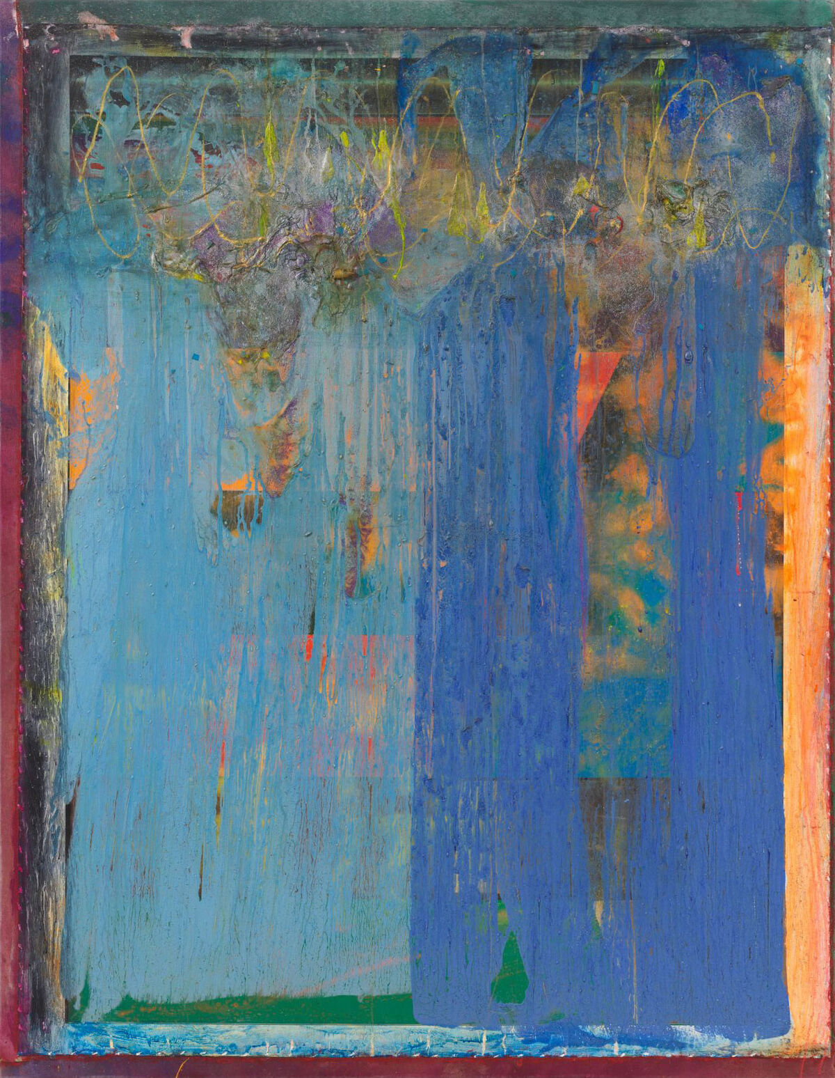 Frank Bowling, Two Blues, 2018. © Frank Bowling/Artists Rights Society (ARS), New York; DACS, London. Courtesy of Alexander Gray Associates, New York; Hales Gallery, London; and Marc Selwyn Fine Art, Los Angeles.