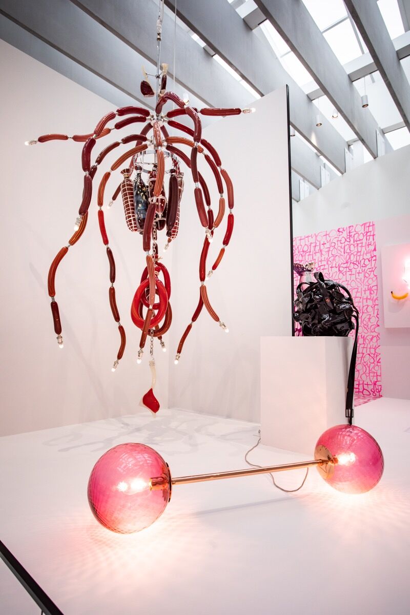 Debroah Czeresko, Meat Chandelier, Monica Bonvicini, Bonded , and Doris Darling, &quot;Super Stong&quot; Lamp, in “New Glass Now ,” at The Corning Museum of Glass. Photo by Jeffrey Foote. Courtesy of The Corning Museum of Glass.