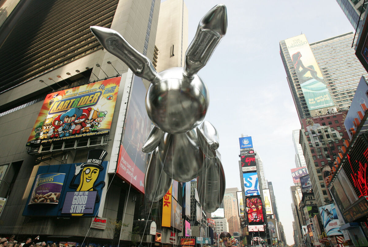 The Rabit balloon by artist Jeff Koons floats in Times Square during the 81st annual Macy&#x27;s Thanksgiving Day Parade on November 22, 2007 in New York City. Photo by Hiroko Masuike/Getty Images.