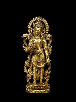 Standing Bodhisattva, Nepal or Tibet14th century, Gilkt-copper alloy and gemstones, H. 27 cm, Carlton Rochell Asian Art, New York