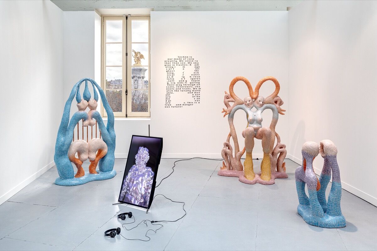 Installation view of works by Barbara Kapusta and Zsófia Keresztes, in Gianni Manhattan's booth at FIAC 2019, Paris. Photo by Romain Darnaud. Courtesy of the artists and Gianni Manhattan. 