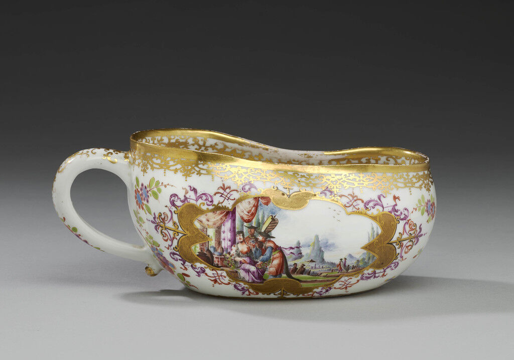 Bourdalou (pot de chambre oval), decorated with erotic chinoiserie scenes in strap work cartouches