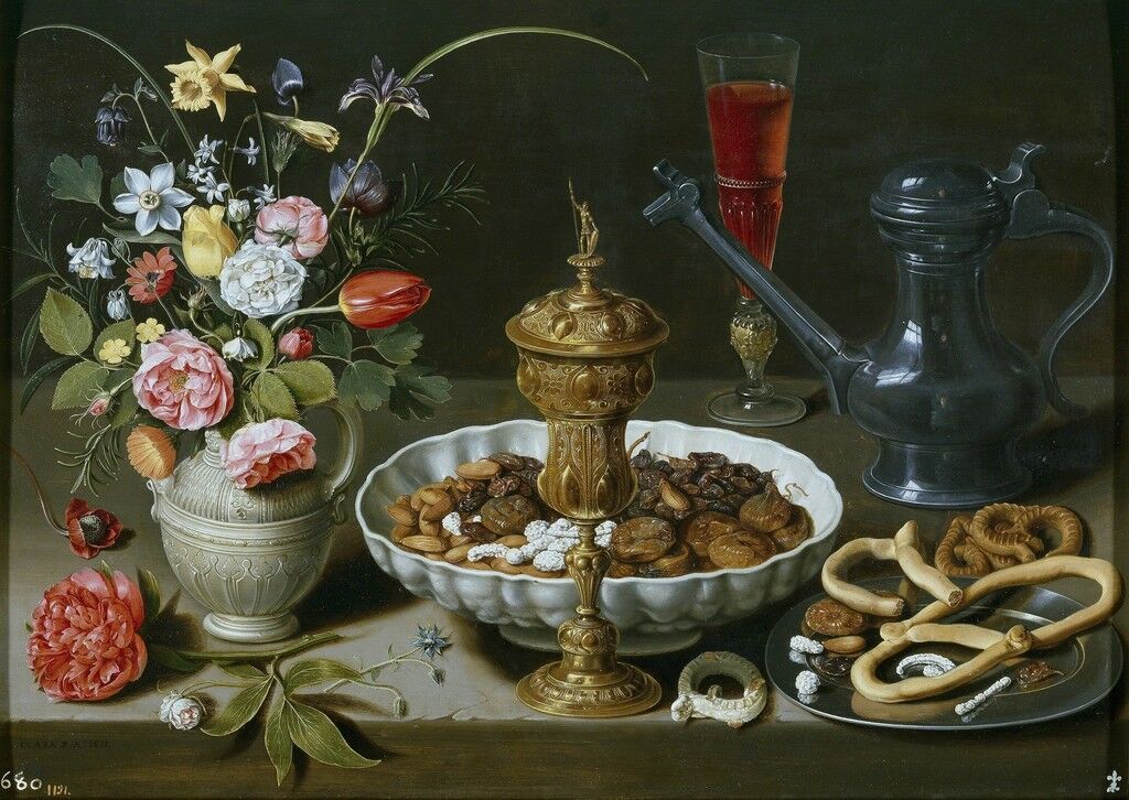 Still Life with Flowers, Goblet, Dried Fruit, and Pretzels