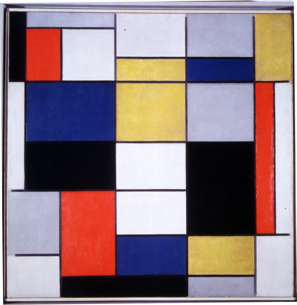 Grande composizione A con nero, rosso, grigio, giallo e blu