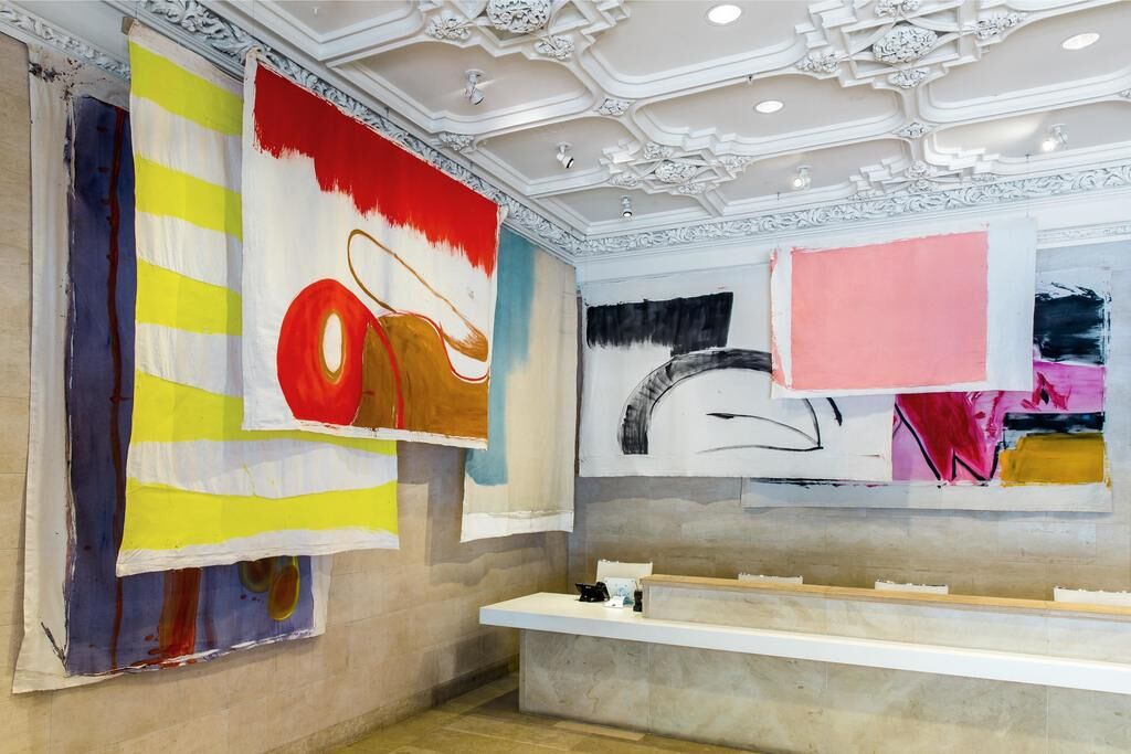 Installation view of the exhibition “Using Walls, Floors, and Ceilings: Vivian Suter” at the Jewish Museum, NY